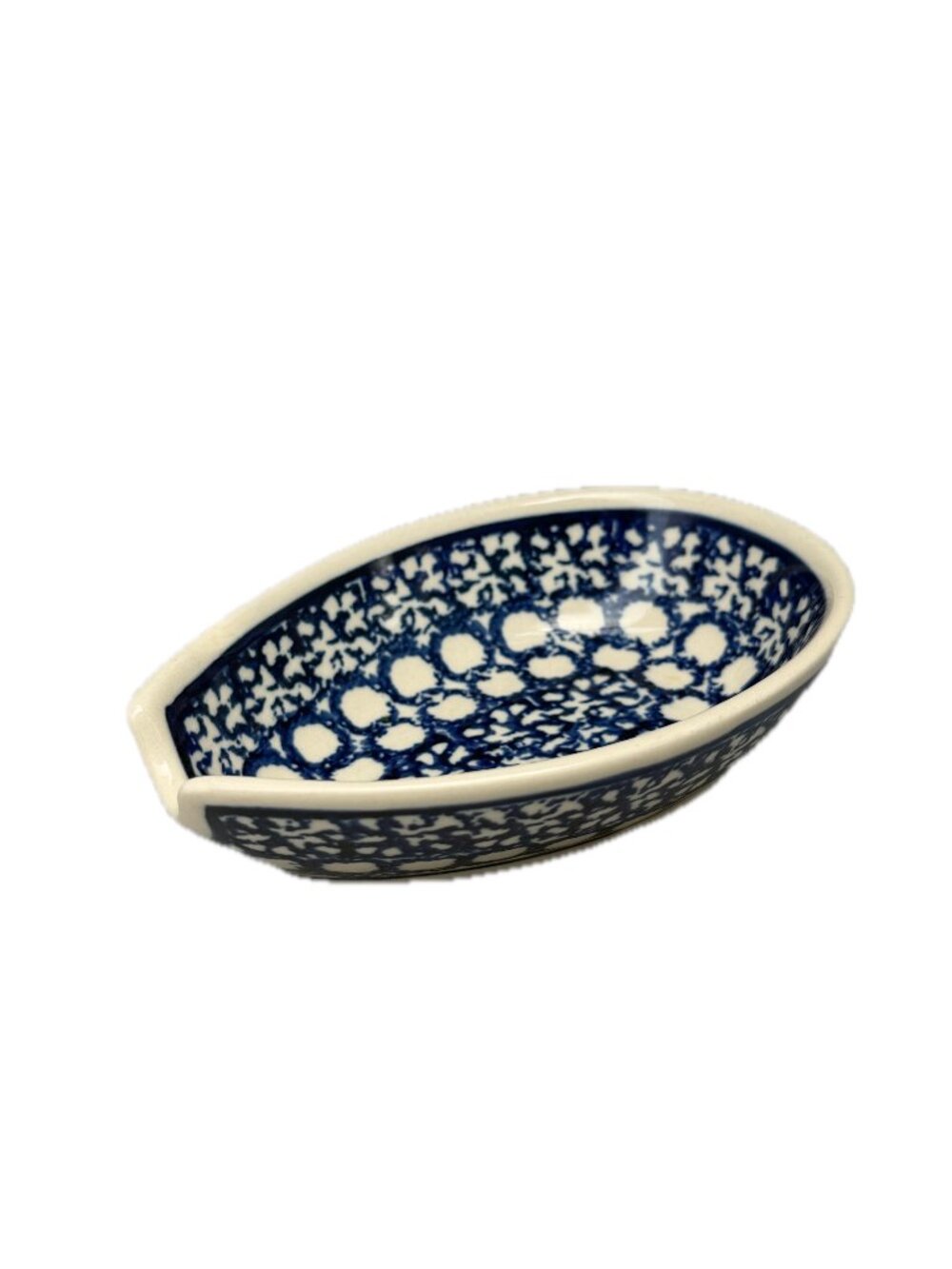 Made in Portugal Navy Blue Floral Dot Polish Pottery Spoon Rest Dish Countertop